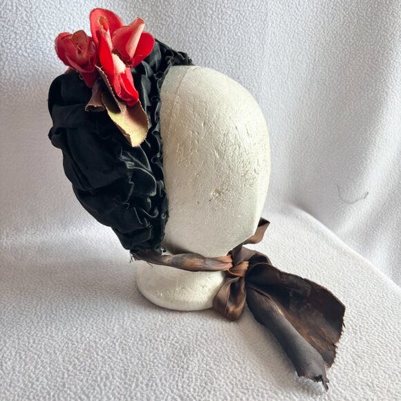 Antique Victorian Black Silk & Velvet Bonnet with Flower main image 15